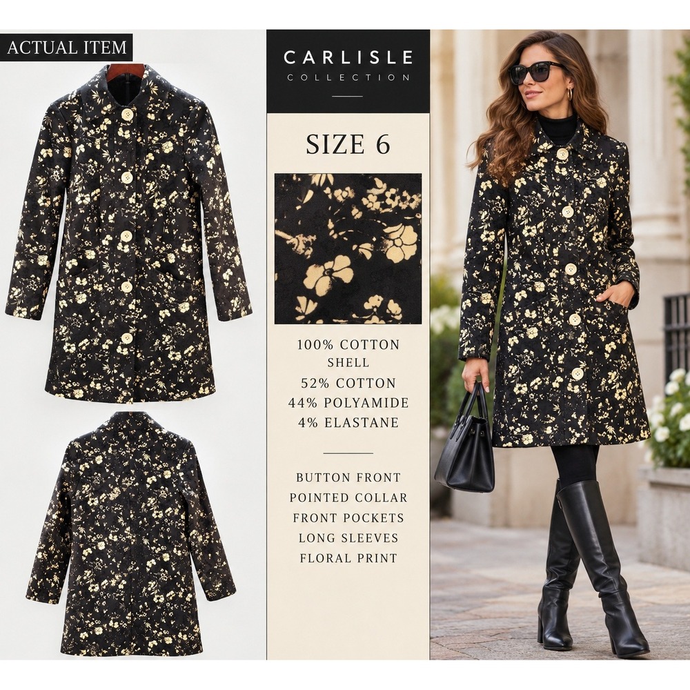 Carlisle Collection Floral Car Coat Womens Button Front Black Ivory 6 Excellent